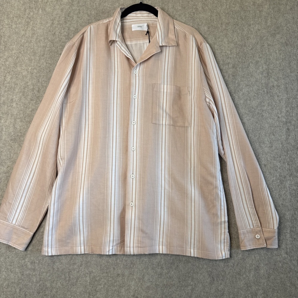 NWT Onia Long Sleeve Camp Collar Shirt Mens L Beige Stripe